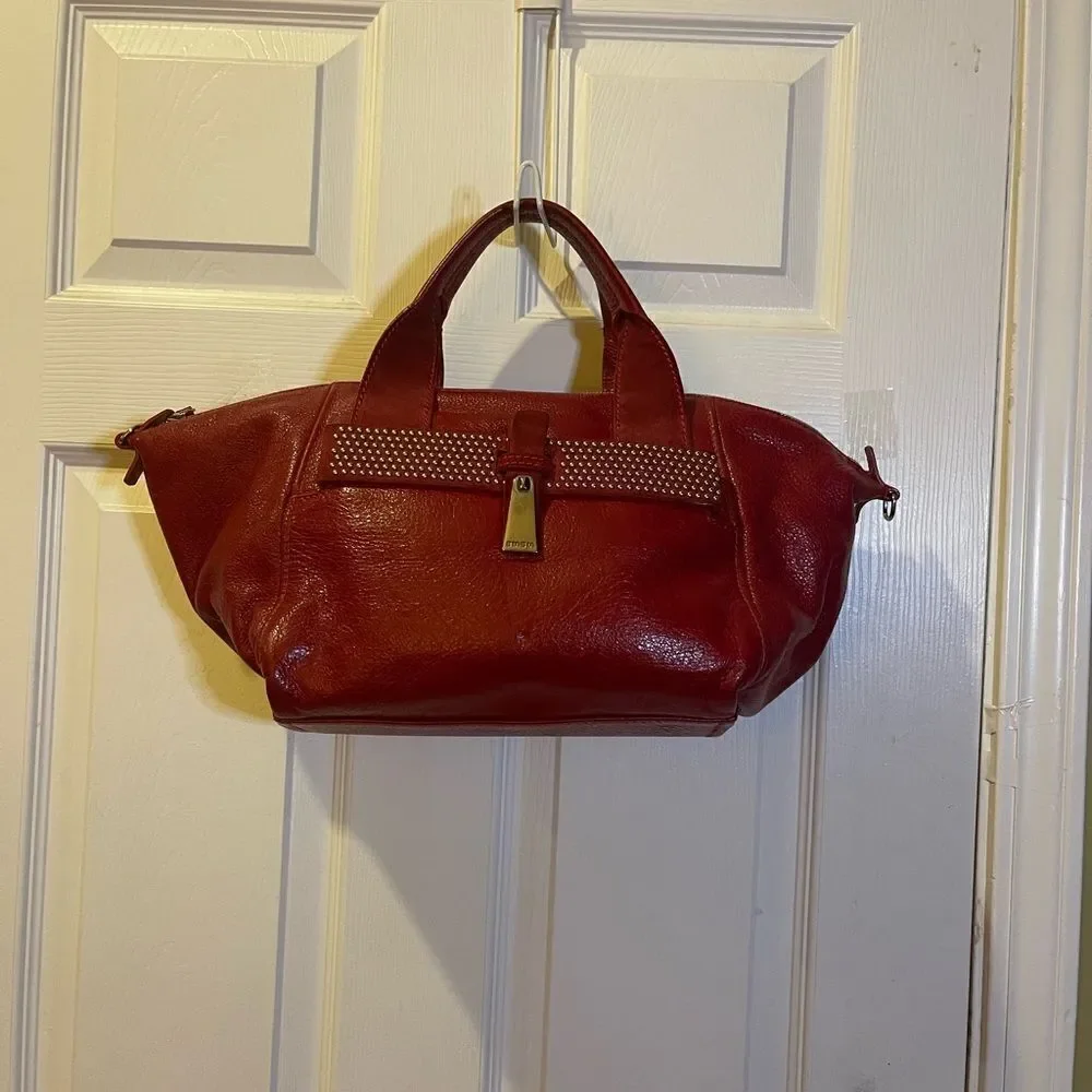Francesco Biasia leather & suede deep Red medium Satchel gold studs accents.